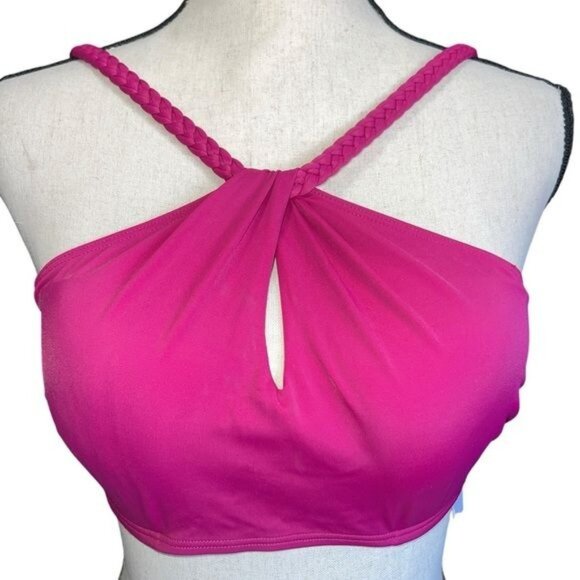 Shade & Shore Womens Swim Top Size 34C Bright Pink Braided Halter Adjustable Str - Picture 1 of 8